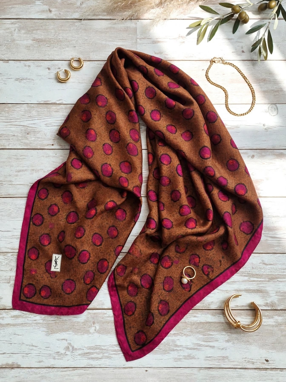 Yves Saint Laurent Brown Silk Scarf with Pink Polka Dot Border